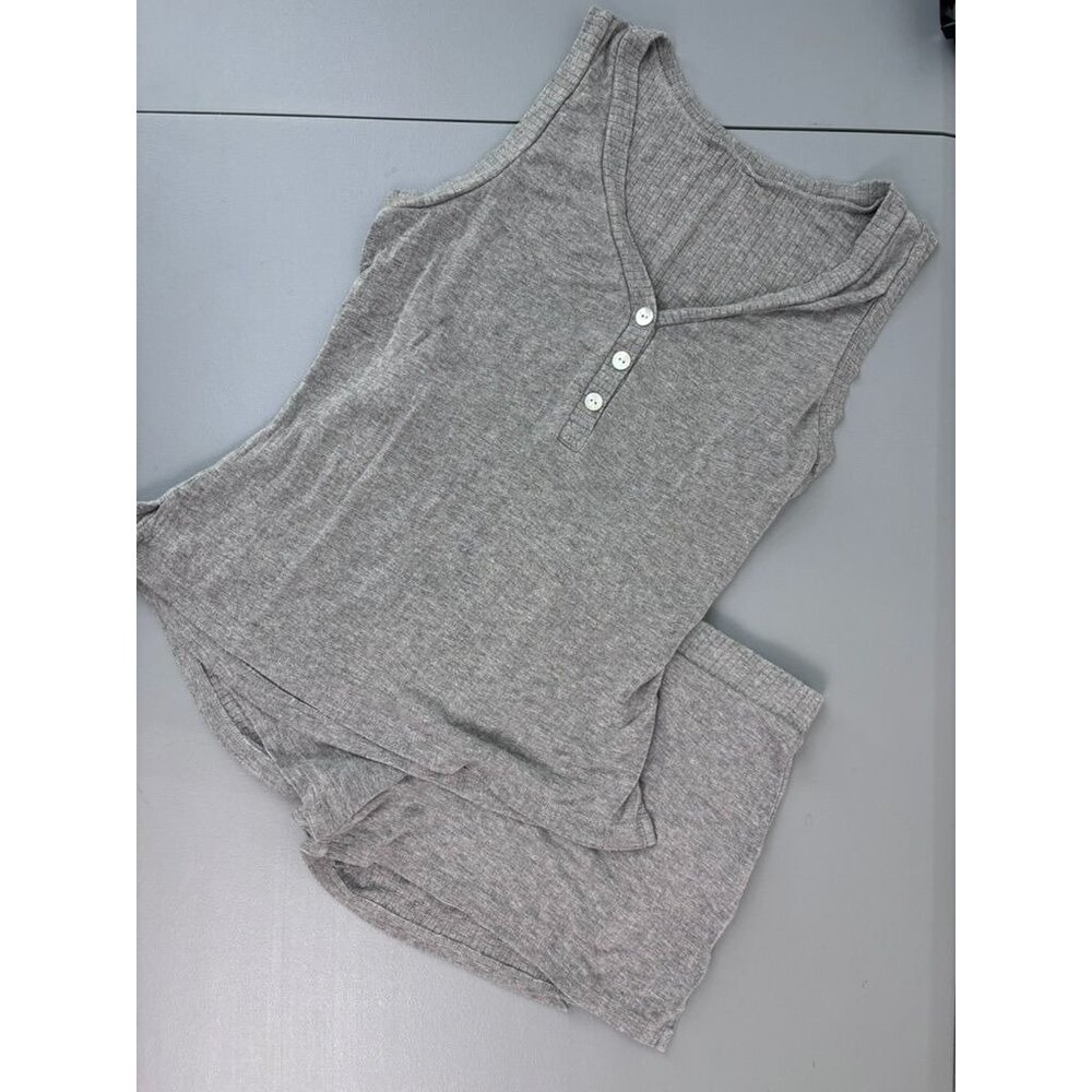 Saks 5th Ave women’s large grey ribbed loungewear pajama set sleeveless shorts